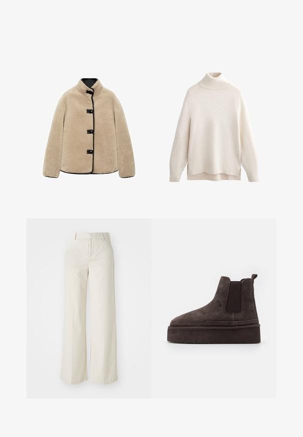 Beige faux fur jacket with a high collar, black trim, and four black buttons. Features a boxy shape and a soft, textured surface.; Cream turtleneck sweater, ribbed collar and cuffs, soft knit texture, relaxed fit, side slits, and slightly longer back hem.; Wide-leg trousers in a light beige color, made of a smooth fabric. Features a classic waistband and flat front with clean lines.; Brown suede Chelsea boots with elastic side panels and a thick, textured platform sole. Features a pull tab at the heel for ease of wear.
