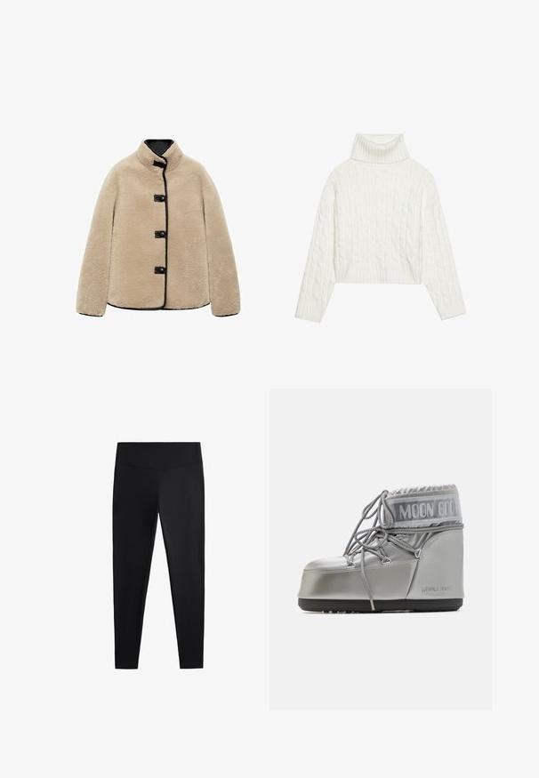Beige nepbontjas met een hoge kraag, zwarte afwerking en vier zwarte knopen. Heeft een boxy vorm en een zachte, gestructureerde oppervlakte.; Witte kabelgebreide coltrui met een cropped silhouet, voorzien van geribbelde manchetten en zoom. Zachte textuur met een gezellige, stevige uitstraling.; Zwarte leggings van gladde, rekbare stof. Voorzien van een brede tailleband en een taps toelopend pootdesign, geschikt voor actieve of casual kleding.; Zilveren waterdichte boot met een afgeronde vorm, een gestructureerde afwerking en grijze veters. Kenmerkt zich door een opvallend "MOON BOOT" logo op het bovenste deel.