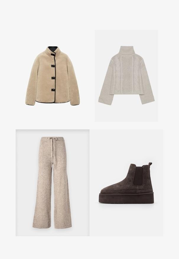 Bež jakna iz umetnega krzna z visokim ovratnikom, črnimi obrobami in štirimi črnimi gumbi. Ima škatlasto obliko in mehko, teksturno površino.; Kratka, svetlo siva pletena pulover s visokim ovratnikom in rebrastimi manšetami, ki ima strukturne kabelske vzorce po hrbtu in straneh.; Bež hlače širokega kroja so narejene iz teksturirane pletene tkanine, s pasom na vrvico in sproščenim krojem.; Rjave semiš Chelsea čizme z elastičnimi stranskimi paneli in debelim, teksturiranim platformnim podplatom. Imajo zanko na peti za lažje oblačenje.