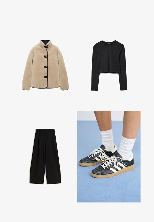 Beige faux fur jacket with a high collar, black trim, and four black buttons. Features a boxy shape and a soft, textured surface.; Black long-sleeve cropped top with round neckline, plain design, and a slightly curved hem.; Black wide-leg trousers made of smooth fabric, featuring a high waist, pleats at the front, and no visible embellishments or patterns.; Black leather sneakers with white stripes, round toe, white laces, and gum rubber sole. Accentuated by padded collar and branding details.