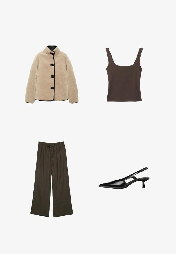 Giacca in pelliccia sintetica beige con colletto alto, bordi neri e quattro bottoni neri. Presenta una forma squadrata e una superficie morbida e testurizzata.; Top senza maniche marrone con scollo quadrato, realizzato in tessuto morbido ed elastico. Presenta un design aderente e cuciture piatte.; Pantaloni larghi di colore marrone scuro con vita elastica e cordoncino regolabile. Realizzati in un tessuto morbido e leggero.; Tacchi slingback in pelle verniciata nera con punta affusolata, design con tagli laterali e tacco quadrato piccolo. Texture liscia con dettagli minimi.