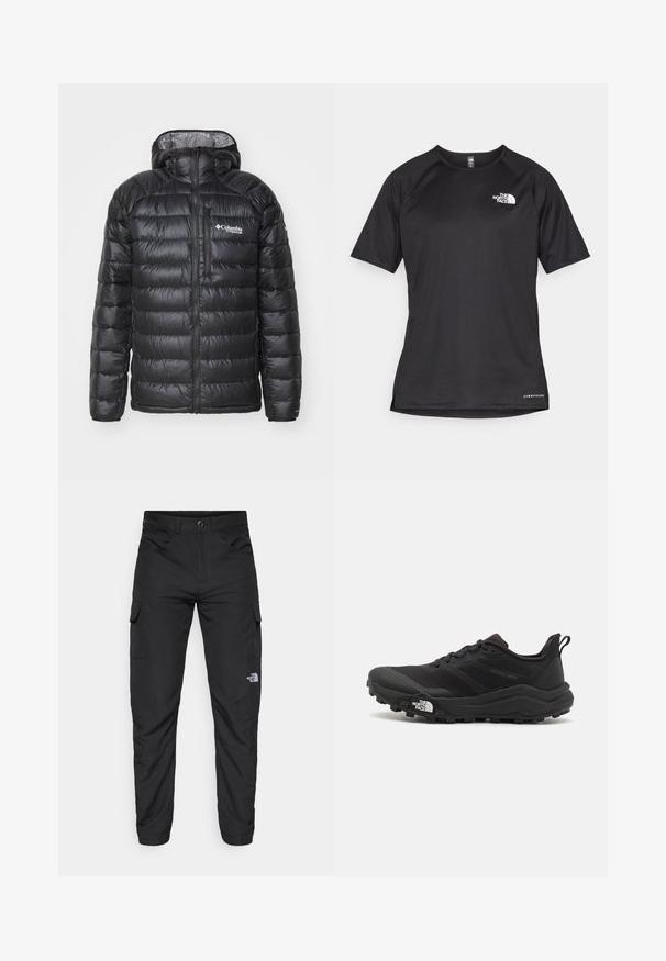 Giacca a vento nera imbottita con zip frontale, cappuccio, texture trapuntata e logo Columbia sul petto. Foderata con un materiale a contrasto con motivo.; Maglietta sportiva nera a maniche corte con tessuto testurizzato, caratterizzata da un logo bianco sul lato sinistro del petto e orlo dritto.; The North Face HORIZON PANT - Pantaloni outdoor - black; Scarpa da trail running nera con tomaia texture, suola in gomma e punta rinforzata. Presenta un collare imbottito e un tassello per un indossamento facile.