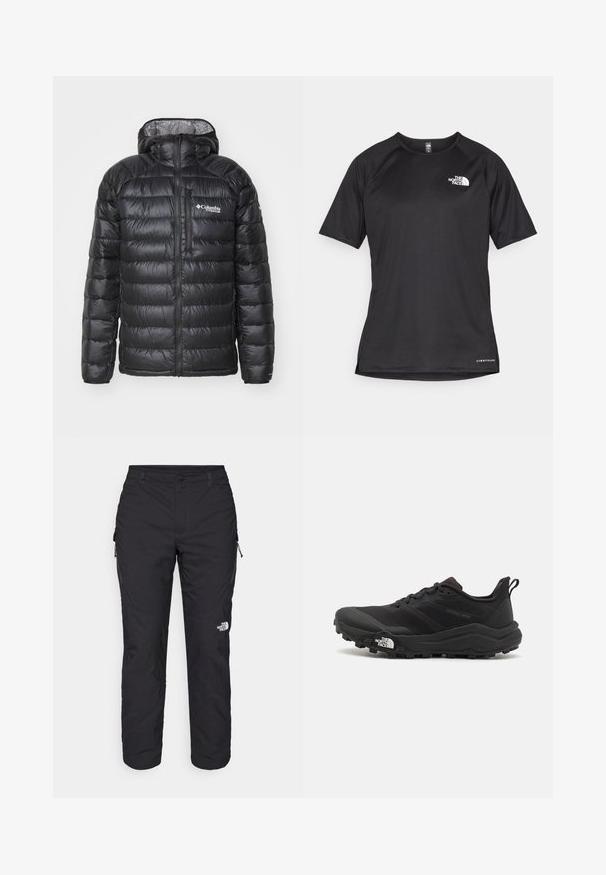 Svart puffjacka med dragkedja fram, huva, kviltad textur och Columbia-logotyp på bröstet. Fodrad med ett kontrasterande mönstrat material.; Svart kortärmad träningsskjorta i strukturerad tyg, med en vit logotyp på vänster bröst och rak fåll.; The North Face WINTER EXPLORATION TAPERED CARGO - Friluftsbyxor - black; Svart terränglöparsko med en strukturerad ovandel, gummisula och förstärkt tåhätta. Har en vadderad krage och en dragflik för enkel påtagning.