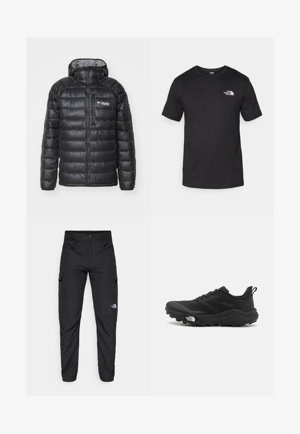 Čierna prešívaná bunda s predným zipsom, kapucňou, prešívanou textúrou a logom Columbia na hrudi. Podšívka z kontrastného vzorovaného materiálu.; Čierne tričko s krátkym rukávom vyrobené z bavlny, s okrúhlym výstrihom a malým bielym logom na hornej ľavej strane hrude.; The North Face HORIZON PANT - Outdoorové nohavice - black; Čierne trailové behacie topánky s štruktúrovaným zvrškom, gumovou podrážkou a vystuženou špičkou. Obsahuje polstrovaný golier a úchyt na jednoduché obúvanie.