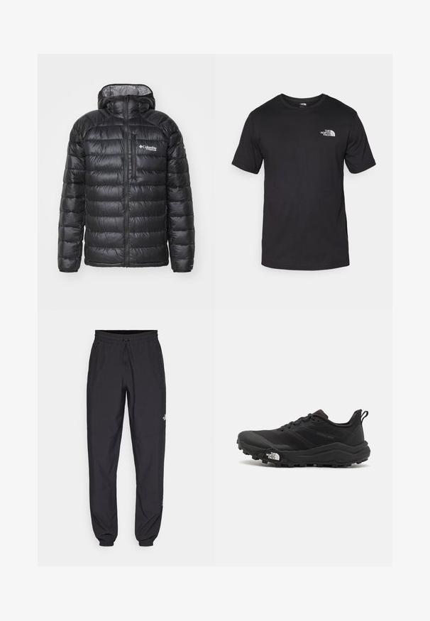 Crni zimski kaput s patentnim zatvaračem, kapuljačom, kvadratnom teksturom i Columbia logom na prsima. Podstavljen s kontrastnim uzorkovanim materijalom.; Crna majica kratkih rukava od pamuka, s okruglim izrezom i malim bijelim logotipom na gornjem lijevom dijelu prsnog koša.; Crne sportske hlače od lagane tkanine, s pojasom na vezanje, bočnim džepovima i suženim manžetama na gležnjevima.; Crne trail trkačke cipele s teksturiranim gornjim dijelom, gumeni potplat i ojačana zaštita za prste. Imaju podstavljen ovratnik i trakicu za lakše obuvanje.