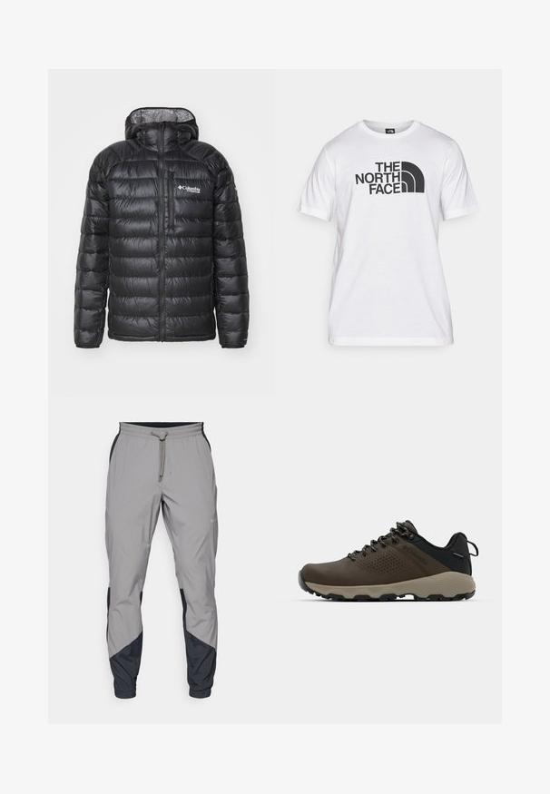 Schwarze Steppjacke mit Reißverschluss vorne, Kapuze, ge quilteter Textur und Columbia-Logo auf der Brust. Gefüttert mit einem kontrastierenden, gemusterten Material.; Weißes Baumwoll-T-Shirt mit einem schwarzen Grafikdruck, der Text und ein geschwungenes Logodesign zeigt. Runder Halsausschnitt und kurze Ärmel. Schlichte Textur.; Leichte, graue Sporthosen mit schwarzen Akzenten. Elastischer Bund, Kordelzugverschluss, taillierte Beinform und Seitentaschen.; Braune wasserdichte Sneakers mit einer strukturierten Oberseite, perforierten Akzenten, schwarzem Fersenschutz und einer grauen Gummisohle. Die Schnürsenkel sind mit metallischen Enden gestaltet.
