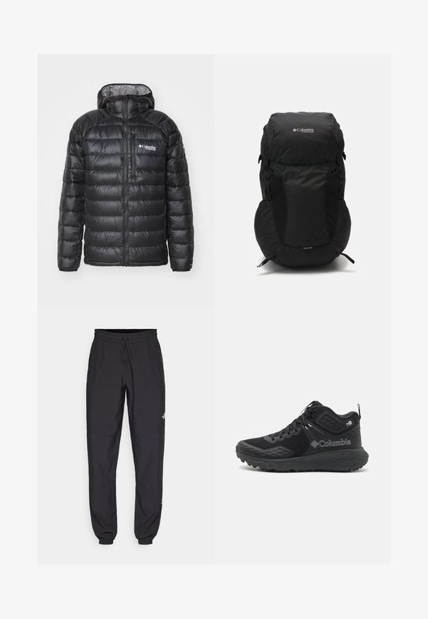 Black puffer jacket with a zip front, hood, quilted texture, and Columbia logo on the chest. Lined with a contrasting patterned material.; Black short-sleeve T-shirt made from lightweight fabric. Features a small white logo on the left chest and subtle shoulder accents.; Black athletic pants made from lightweight fabric, featuring a drawstring waistband, side pockets, and tapered cuffs at the ankles.; Black hiking shoes with a mesh upper, textured accents, a cushioned sole, and a prominent logo. Features a secure lace system and pull tab.; Black backpack with a rounded top, made from durable fabric. Features side mesh pockets and a rain cover label at the bottom.