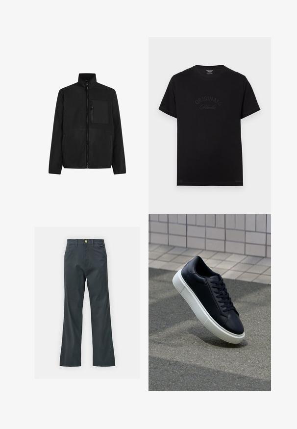 Casaco de fleece preto com gola alta, fecho frontal completo e dois bolsos laterais. Apresenta um bolso no peito com fecho e uma textura suave.; T-shirt de algodão preto com mangas curtas e decote redondo. Apresenta "ORIGINALS Studio" em relevo na frente, com letras tonais.; Calças pretas com corte reto, feitas de um tecido em mistura de algodão. Apresenta um fecho com botão metálico e bolsos laterais. Sem padrões visíveis.; Sapatilha de couro preto com bico arredondado e sola de borracha branca. Apresenta atacadores planos e costuras mínimas na parte superior. Sola texturizada para melhor aderência.
