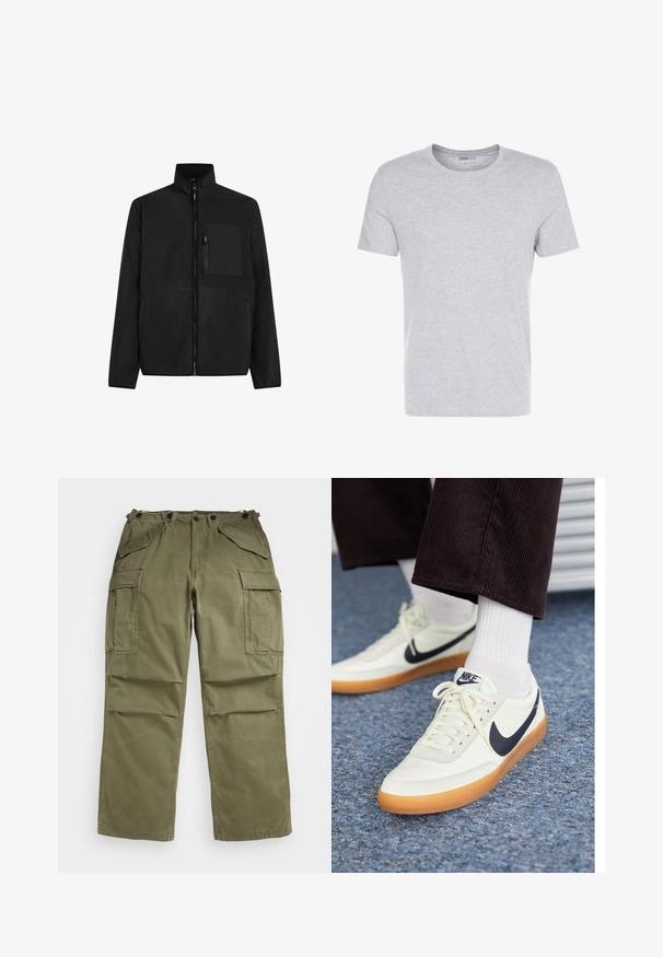 Melna vilnas jaka ar augstu apkakli, pilnu priekšējo rāvējslēdzēju un divām sānu kabatām. Iekļauj rāvējslēdzēju krūšu kabatu un gludu tekstūru.; Pelēks kokvilnas T-krekls ar apaļu kakla izgriezumu, īsām piedurknēm un vienkāršu dizainu, ar maigu, gludu tekstūru un bez redzamām rakstiem vai rotājumiem.; Olive zaļas militārās bikses, izgatavotas no teksturēta auduma, ar vairākām priekšējām un sānu kabatām un pastiprinātām šuvēm.; Baltās ādas Nike sporta apavi ar tumši zilu swoosh, ar gumijas zoli un baltiem šņorēm, kombinēti ar baltām sporta zeķēm un tumšām korduroja biksēm.