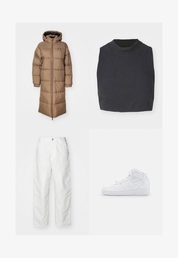 Casaco acolchoado longo, castanho, com capuz, apresentando secções acolchoadas, fecho à frente e punhos elásticos. Textura suave e design até aos joelhos.; Top cropped com textura em azul escuro, apresentando um decote alto e um discreto logo da Nike. O tecido tem uma aparência texturizada e elástica.; Calças cargo brancas feitas de denim, com um corte descontraído, bolsos laterais e detalhes de costura visíveis. Frente simples com fecho de botão.; Tênis brancos de cano alto feitos de couro, com colarinho acolchoado, ponta perfurada, cadarços e tira ajustável no tornozelo; logotipo na lateral.