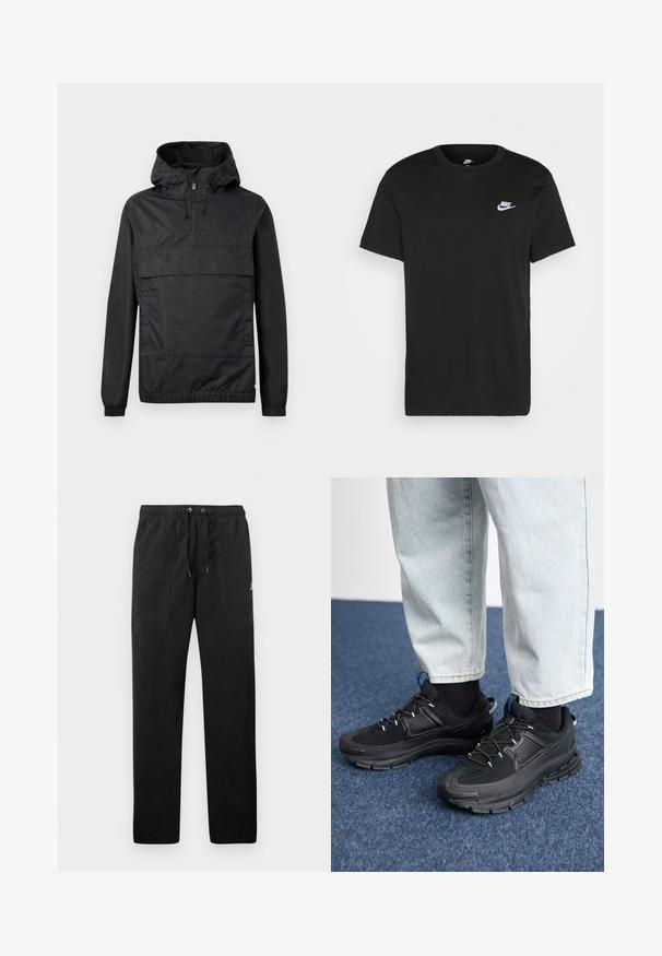 Svart hettegenser med elastiske mansjetter, lommer foran og halv-zip lukking. Laget av lett, vannavstøtende materiale.; Svart bomull T-skjorte med kort erm, rund hals, og en liten hvit Nike-logo på øvre venstre bryst. Myk tekstur. Klassisk passform.; Sorte joggebukser laget av fleece, med elastisk liv med snøring, to frontlommer og en liten logo på låret.; Svarte sportssko med teksturert stoff og gummisåler, med elastiske lisser og en blå detalj på hælen. Brukt med lyse denimbukser.
