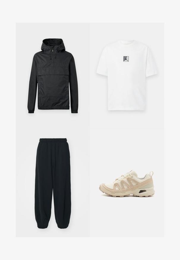 Jachetă neagră tip pulover cu glugă, mânici elastice, buzunar frontal și închidere cu jumătate de fermoar. Fabricată dintr-un material ușor, rezistent la apă.; Tricou alb din bumbac, cu un grafic central în tonuri de negru și gri. Guler clasic tip crew și mâneci scurte, cu o potrivire lejeră.; Pantaloni de trening negri, cu talie elastică, cu o croială lejeră, la baza pantaloni fiind strânși, având o textură netedă și fără modele sau accente metalice vizibile.; Pantofii sport bej și crem au un superior din plasă texturată, suprapuneri de susținere și o talpă din cauciuc cu un model de profil pentru aderență.