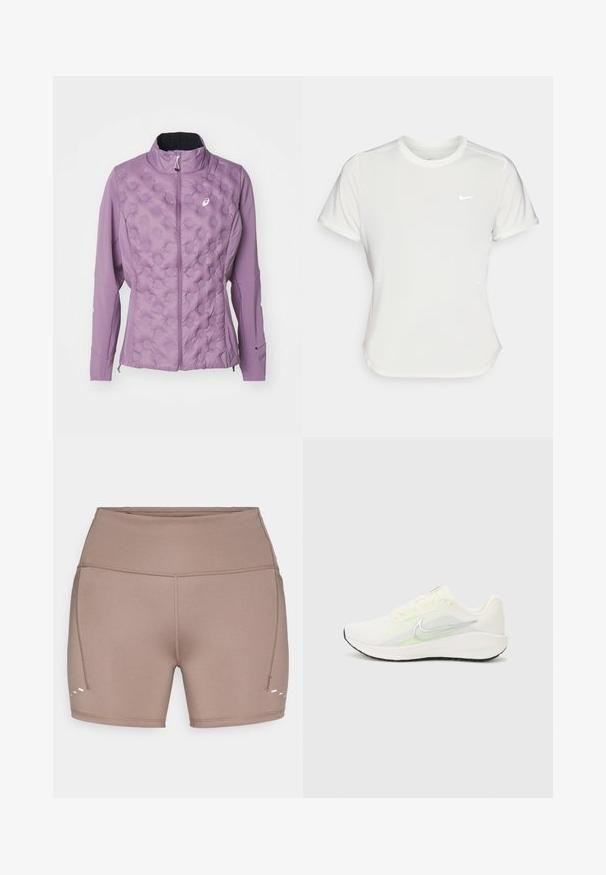 Giacca lilla chiaro con anteriore trapuntato e motivi a punti in rilievo, colletto alto e chiusura con zip. Realizzata in materiale morbido e elasticizzato.; T-shirt Nike bianco, maniche corte, scollatura rotonda, realizzata in un tessuto morbido e leggero. Presenta un logo discreto sul petto.; Shorts sportivi marroni, elasticizzati, con vita alta, cuciture laterali e tre linee bianche decorative vicino all'orlo.; Nike Performance DOWNSHIFTER 13 - Scarpe da corsa su strada - sail/silver-coloured photon dust/summit white/barely volt/black