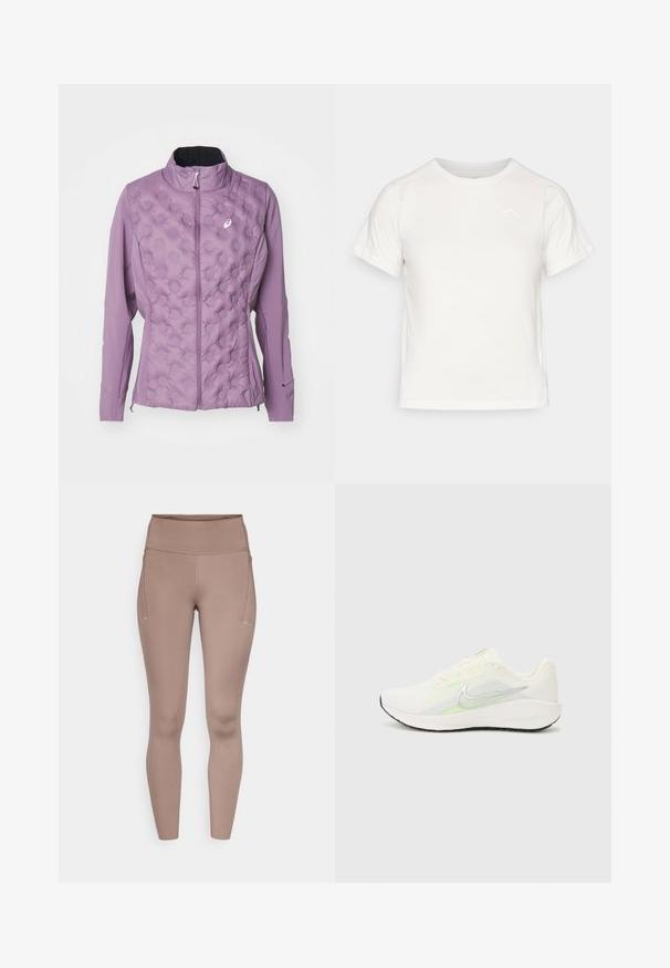 Light purple jacket featuring a quilted front with raised dot patterns, a high collar, and zipper closure. Made from soft, stretchable material.; Lightweight white T-shirt with short sleeves, round neck, and a small logo in the upper left corner. Smooth fabric with a subtle sheen.; Brown high-waisted leggings with a smooth texture, featuring side pockets and small reflective accents on the front.; Nike Performance DOWNSHIFTER 13 - Road running shoes - sail/silver-coloured photon dust/summit white/barely volt/black