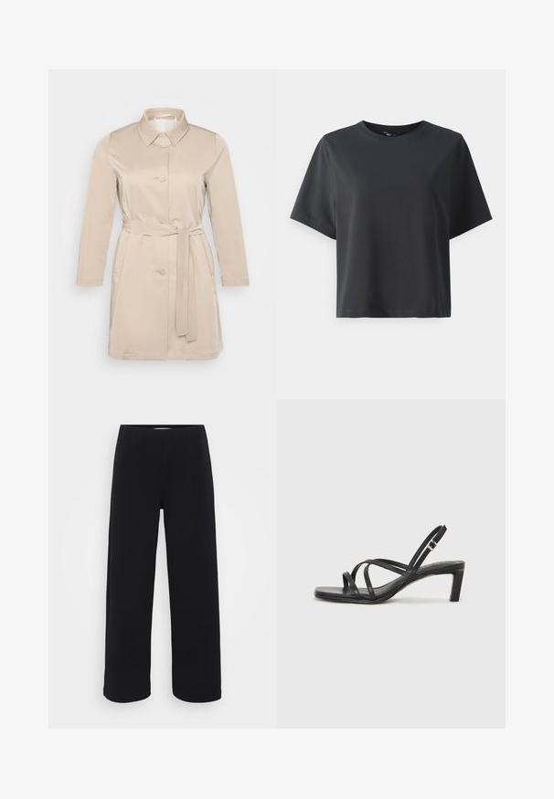 Beige trenchcoat med krage, lange ermer, frontknapper og belte i midjen. Laget av glatt, lett materiale.; Svart bomull T-skjorte, korte ermer, rund hals, avslappet passform, jevn tekstur, enkel design, ingen mønstre eller aksenter.; Svart bukser med vid benvidde og elastisk midjebånd. Laget av et strukturert materiale, med en løs passform og rett snitt fra hoftene til sømmen.; Sorte sandaler med stropper, firkantet tå og lav blokk hæl. Har flere tynne stropper og en justerbar ankelstropp. Laget av glatt lær.