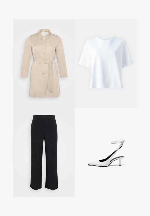 Caban bej cu guler, mâneci lungi, butoane la față și talie accentuată cu cureaua. Fabricat dintr-un material neted și ușor.; T-shirt alb din bumbac, cu guler rotund, mâneci scurte, croială lejeră și textură netedă. Fără modele sau accente vizibile.; Pantaloni negri cu picioare largi, cu o textură netedă, având o talie plată și buzunare laterale, concepuți cu un estetic minimalist.; Pantofi cu toc slingback albi, cu vârful ascuțit și curea subțire la glezna. Material din piele netedă, toc subțire stil stiletto și căptușeală interioară neagră.