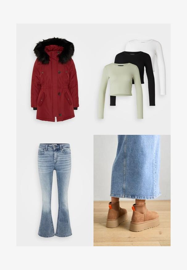 ONLY Petite ONLIRIS - Winter coat - syrah/black; Even&Odd Petite 3 PACK - Long sleeved top - black/white/light green; Light blue flared jeans made of denim, featuring a classic five-pocket design, front zip closure, and subtle fading along the thighs.; Brown suede platform boots with elastic side panels and orange pull tabs, paired with a knee-length light denim skirt on a wooden floor.