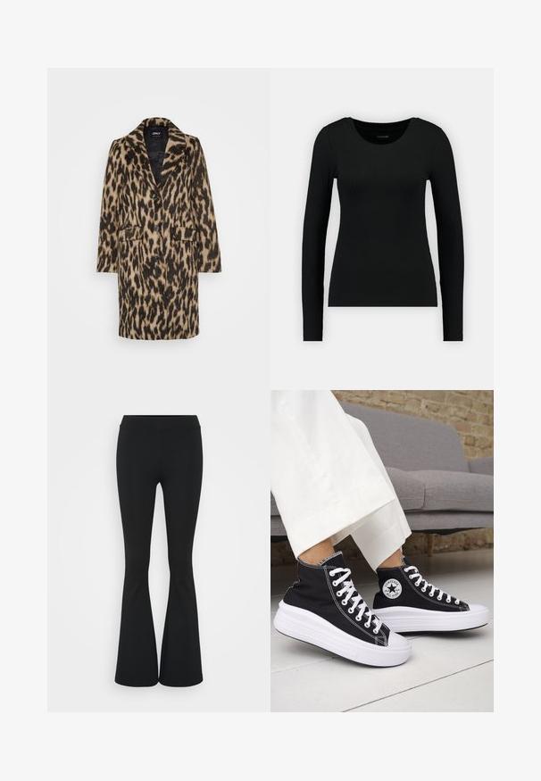 Leopardimustriga mantel, mis on valmistatud pehme karvataolise materjali, omab sälk-krae, eest nupuga sulgu ja kahte küljetaskut.; Must mustärg pikkade varrukatega särk, mis on valmistatud ribakudumist. Omab ümmargust kaelust ja kehaõiget siluetti. Lihtne disain, ilma mustrite või aktsentideta.; Mustad flared püksid venivast kangast, kõrge vöökoht ja sile tekstuur. Püksid laienevad põlve kohalt.; Mustad kõrge säärega tossud valgete kummist tallade ja paeltega. Omad ümmargust logomärki ja kontrastset valget õmblust. Materjaliks lõuend.