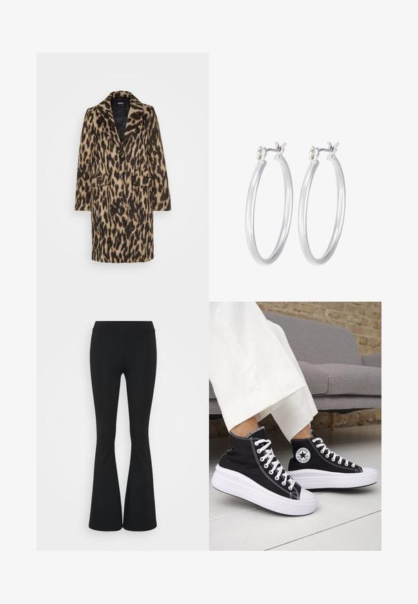 Kaput s uzorkom leoparda napravljen od mekog materijala nalik krznu, s rezanim ovratnikom, prednjim dugmadi za zatvaranje i dva bočna džepa.; Crna majica s dugim rukavima izrađena od rebraste tkanine. Ima okrugli izrez i uski kroj. Jednostavan dizajn bez uzoraka ili naglasaka.; Crne trapezaste hlače od rastezljivog materijala, sa visokim pojasom i glatkom teksturom. Hlače se šire od koljena.; Crne tenisice visoke košarke s bijelim gumenim potplatom i vezicama. Imaju okruglu logotipsku zakrpu i kontrastni bijeli šav. Materijal od platna.; Srebrne kružne naušnice s glatkom, poliranom površinom. Okrugli oblik i sigurno kopčanje na klik. Lagani dizajn pogodan za svakodnevno nošenje.