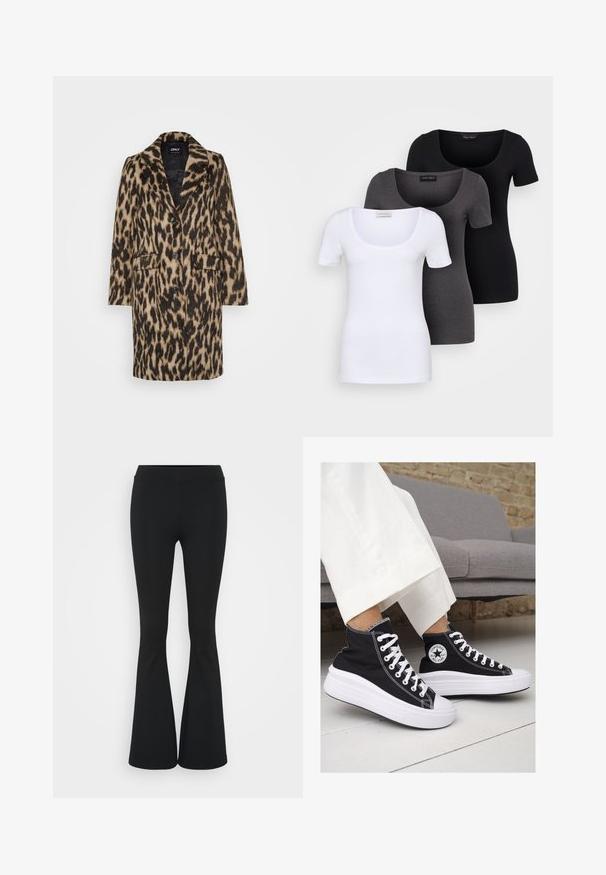 Παλτό με λεοπαρντίτ εκτύπωση, κατασκευασμένο από μαλακό ύφασμα που μοιάζει με γούνινο, με ανάγλυφο γιακά, μπροστινή κουμπότρυπα και δύο πλάγιες τσέπες.; Τρία εφαρμοστά T-shirts σε λευκό, γκρι και μαύρο. Το καθένα διαθέτει φαρδιά στρογγυλή λαιμόκοψη και κοντά μανίκια. Κατασκευασμένα από μαλακό, ελαστικό ύφασμα.; Μαύρο φαρδύ παντελόνι από ελαστικό ύφασμα, με ψηλή μέση και λεία υφή. Το παντελόνι ανοίγει από το γόνατο.; Μαύρα καμβά sneakers με ψηλή φτέρνα, με λευκές καουτσούκ σόλες και κορδόνια. Διαθέτουν κυκλικό λογότυπο στο πλάι και εντυπωσιακή λευκή ραφή.