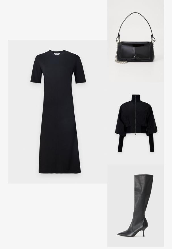 Zwarte cropped jack met een hoge kraag, ritssluiting en puffmouwen. Bevat jersey accenten langs de manchetten en de zoom. Glad textuur.; Filippa K DRESS - Jerseyjurk - black; Kniehoge zwarte leren laarzen met een spitse neus en een slanke stilettohak. Glad textuur met een aansluitend ontwerp en stiksels aan de bovenrand.; Zwart gepatineerd leren handtas met een rechthoekige vorm, kettingband en een opvallend hardwareaccent in het midden. Gladde textuur.
