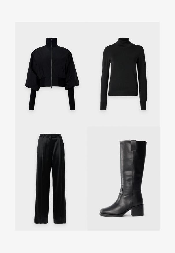 Melna apgriezta jaka ar augstu apkakli, rāvējslēdzējiem un pūstām piedurknēm. Iekļautas džersija akcenti pie piedurknēm un apakšmalas. Viegla tekstūra.; Melnas garām piedurknēm turtlenecks džemperis ar ribotām aprocēm un apakšmali, attēlots uz vienkārša balta fona.; Melnas augstās vidukļa satīna bikses ar taisnām platiem kājām, jostu cilpām un plakanu priekšējo aizdari uz viendabīga balta fona.; Melnas ādas augstas līdz ceļgaliem zābaki ar gludu tekstūru, kvadrātveida purngaliem, blokveida papēdi un sānu cilpu, ar minimālām šuvju detaļām.