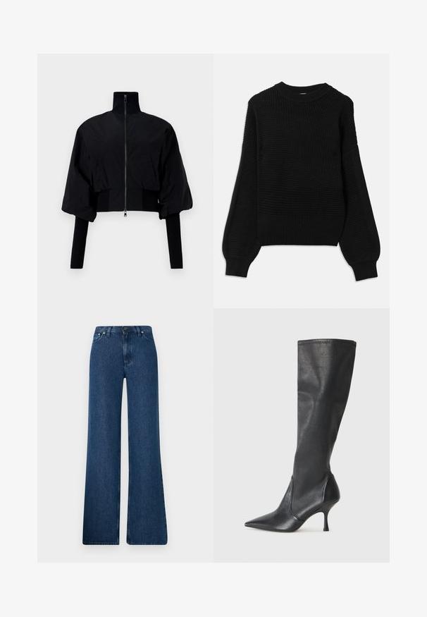 Must must reiet pidžaamaga, millel on kõrge krae, lukuga sulgemine ja puhvib varrukad. Omab trikootäidiseid käiste ja äärte ääres. Sile tekstuur.; Mustmust, mille tekstuuriga kudumisega, ribatustatud ümar kaelus ja ülekaalulised balloonvarrukad sujuva lõppega.; Sinine teksariie, millel on laiem säär ja kõrge vöökoht, viie tasku disain ja metallist nupuga sulgemine. Sile tekstuur, juhuslik stiil ja minimaalne õmblus.; Knee-high mustad nahksaapad terava nina ja kitsaste stiilsete kontsadega. Sile tekstuur sobiva disainiga ja õmblused ülemisel serval.