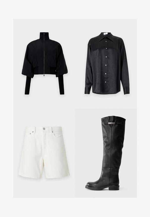 Must must reiet pidžaamaga, millel on kõrge krae, lukuga sulgemine ja puhvib varrukad. Omab trikootäidiseid käiste ja äärte ääres. Sile tekstuur.; Musta pikemate varrukatega särk, millel on krae ja kortsus tekstuur, täispikk nööpidega eesmine osa ja varrukate mansetid. Valmistatud siledast kangast.; Valged teksashorts sirge lõikega, viie tasku disain, esine nööbiga kinnitamine, hõbedane riistvara ja õmmeldud detailid.; Põlvekõrgused mustad nahast saapad, millel on sile tekstuur, ümar varvas ja madal plokknina. Ülemise osa peal on hõbedane aktsent.