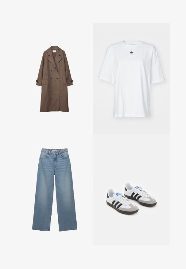 Rjav volna mešani dvoredni plašč z velikimi klapami, dvema sprednjima žepoma in zavihanimi manšetami. Teksturna površina z subtilnim vzorcem.; Bela kratka majica s kratkimi rokavi iz bombaža. Ima krožni ovratnik in majhen črn Adidasov logotip na prsih. Ravna podoba.; Svetlo modri široki jeans iz denima. Ima visok pas, pet žepov in ravno kroj z minimalnim bledenjem.; Športni čevlji z belim usnjenim zgornjim delom, sivim semišem na prstih in tremi črnimi črtami. Imajo modro logo na jeziku in teksturiran gumijast podplat.