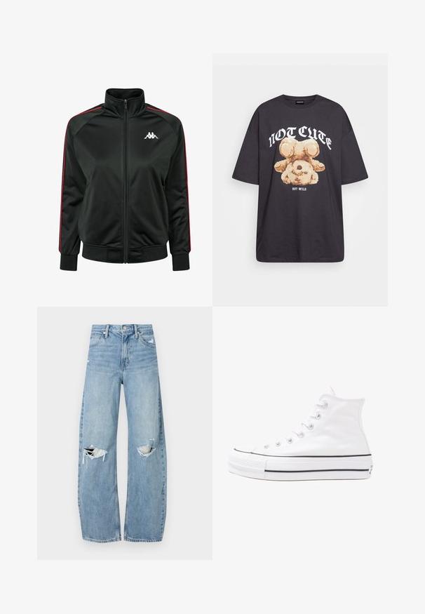 Schwarze Zip-Jacke aus glattem Material, mit roten Seitenstreifen und einem weißen Logo auf der Brust. Rippbündchen und -saum.; Schwarzes, übergroßes T-Shirt mit einem Grafikdruck eines Bären und dem Text "NICHT SÜß, SONDERN WILD" in fetter, weißer Schrift. Baumwollmaterial.; Helles, hochtailliertes Jeans aus Denim. Hat weit geschnittene Beine, zwei aufgerissene Kniebereiche und klassischen Fünf-Taschen-Stil.; Weiße hochwertige Leinensneaker mit schwarzer Gummisohle, vorderem Gummizehenschutz und sechs Ösen für Schnürsenkel, die ein sauberes, minimalistisches Design aufweisen.