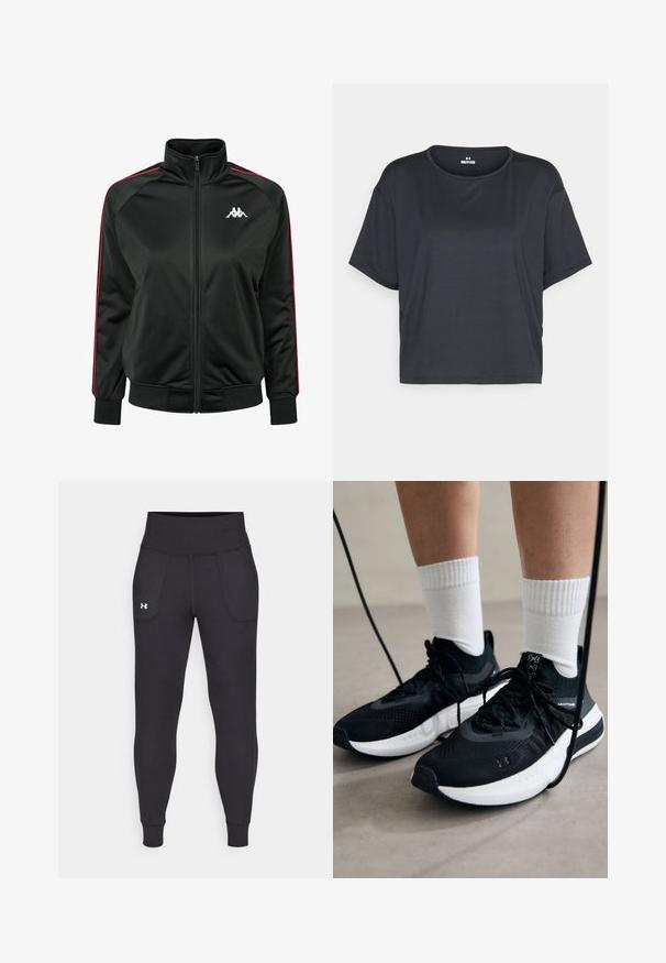 Svart zip-up träningsjacka i mjukt material, med röda sidremsor och en vit logotyp på bröstet. Ribbad mudd och fåll.; Svart kortärmad cropped t-shirt med rund halsringning och mjuk, slät tygkänsla. Inga synliga mönster eller metalldelar.; Svarta träningsleggings i elastiskt material, med hög midja, sidofickor och åtsittande manschetter vid ankeln.; Svarta sportskor med texturerat tyg, vit sula och svarta snören. Bärs med vita reglerade strumpor, stående på en ljus yta.