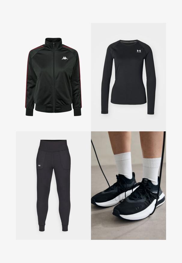 Fekete, cipzáras sportdzseki sima anyagból, piros oldalsávokkal és fehér logóval a mellrészen. Rátett bordás mandzsetták és hem.; Fekete, hosszú ujjú sportpóló sima anyagból, kerek nyakkivágással és egy kis fehér logóval a bal mellrészen.; Fekete sportleggings rugalmas anyagból, magas derékfűzéssel, oldalsó zsebekkel és szűkített szárakkal a bokán.; Fekete sportcipők textúrált anyagból, fehér talppal és fekete fűzőkkel. Fehér bordázott zoknikkal viselve, világos felületen állva.