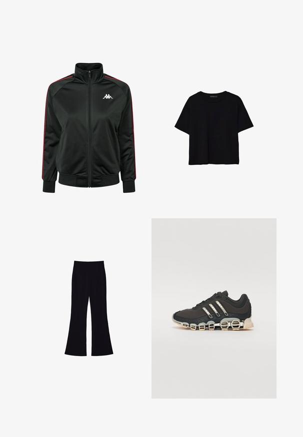 Schwarze Zip-Jacke aus glattem Material, mit roten Seitenstreifen und einem weißen Logo auf der Brust. Rippbündchen und -saum.; Schwarzes, kurzärmeliges, bauchfreies T-Shirt mit rundem Halsausschnitt und einfachem Design, flach auf weißem Hintergrund liegend.; Schwarze Schlaghose mit hohem Bund und ohne sichtbare Taschen oder Knöpfe, vor einem weißen Hintergrund gezeigt.; Schwarzer Sportschuh mit einer strukturierten Oberseite, drei silbernen Streifen und einer markanten Dämpfungssohle mit mehreren integrierten Sektionen.