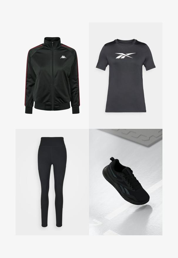 Crna zip-up trenirka napravljena od glatkog materijala, sa crvenim bočnim trakama i bijelim logotipom na prsima. Rebrasti rukavi i donji rub.; Crna majica kratkih rukava od glatkog materijala s bijelim logom na prsima. Okrugli izrez i regularan kroj.; Crne tajice od rastezljive tkanine, s visokim pojasom, rebrastim panelima sa strane i uskim krojem koji se sužava prema gležnjevima.; Crna atletska cipela s mrežastim gornjim dijelom, s teksturiranim akcentima i ravnim oblikom đona. Uključuje tonirane oznake i petnu traku.