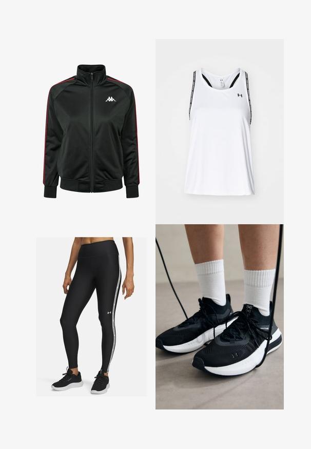 Schwarze Zip-Jacke aus glattem Material, mit roten Seitenstreifen und einem weißen Logo auf der Brust. Rippbündchen und -saum.; Weißes sportliches Tanktop mit dünnen schwarzen Trägern, das mit einem Logo und Text bedruckt ist, aus leichtem, atmungsaktivem Stoff gefertigt; lockerer Schnitt.; Schwarze sportliche Leggings mit hohem Bund und seitlichem Streifen, der das "Under Armour"-Logo trägt. Hergestellt aus dehnbarem, glattem Material.; Schwarze Sportschuhe aus strukturiertem Stoff, mit weißer Sohle und schwarzen Schnürsenkeln. Tragen mit weißen gerippten Socken, stehen auf einer hellen Fläche.