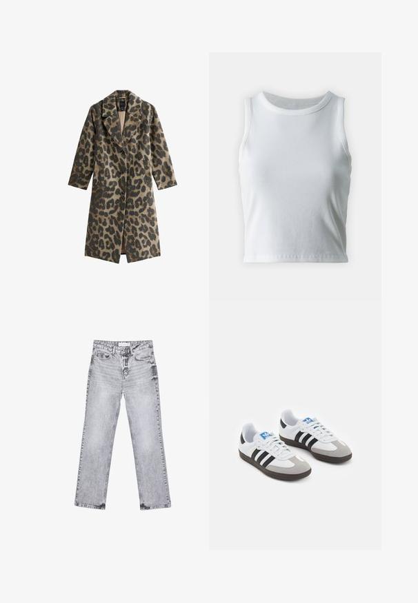 Manteau en imprimé léopard en tissu doux, avec un col cranté, une fermeture à bouton, des poches latérales et une coupe légèrement oversize.; Débardeur blanc côtelé avec un décolleté rond et sans manches, présentant un ourlet droit et une texture lisse et extensible.; Jean en denim gris avec une coupe droite, des détails déchirés, cinq poches et des rivets en cuivre. La ceinture présente une étiquette de logo.; Baskets avec une tige en cuir blanc, un bout en daim gris et trois bandes noires. Présente un logo bleu sur la languette et une semelle en caoutchouc texturée.