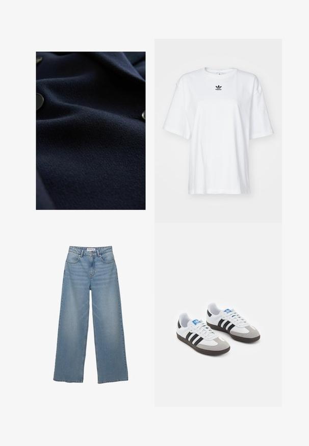 Navy wool fabric with a textured surface and subtle sheen. Features round black buttons along the edge, displaying a streamlined design.; White short-sleeve t-shirt made of cotton. Features a crew neck and a small black Adidas logo on the chest. Straight-cut hem.; Light blue wide-leg jeans made from denim. Features a high waist, five pockets, and a straight cut with minimal fading.; Sport shoes with a white leather upper, gray suede toe, and three black stripes. Features a blue logo on the tongue and a textured rubber sole.