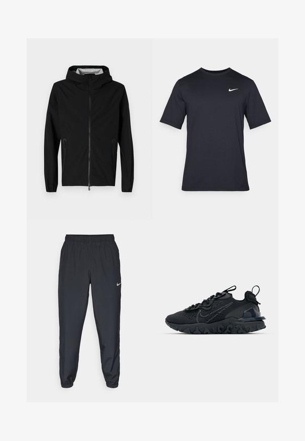 Veste légère noire avec capuche. Dotée d'une fermeture éclair à l'avant et de poches latérales, elle est fabriquée en tissu lisse et durable. L'intérieur a une doublure à motif.; T-shirt noir à manches courtes Nike en tissu lisse, arborant un logo swoosh blanc sur le côté supérieur gauche, col rond.; Pantalon de jogging noir en tissu léger avec une ceinture élastique, des poignets aux chevilles et un logo Nike discret sur le côté gauche.; Chaussure de sport noire avec une tige en mesh respirant, des accents texturés et une semelle en caoutchouc ondulée. Comprend un logo réfléchissant et un système de laçage.