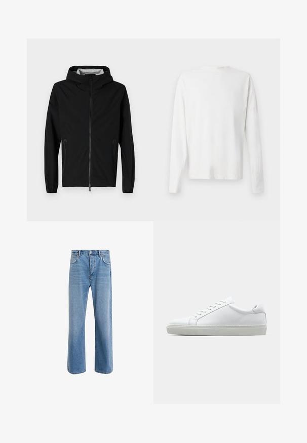 Veste légère noire avec capuche. Dotée d'une fermeture éclair à l'avant et de poches latérales, elle est fabriquée en tissu lisse et durable. L'intérieur a une doublure à motif.; Chemise en coton blanc à manches longues avec un col rond, fentes latérales en bas et une texture lisse, présentée de dos.; Jeans en denim bleu clair avec une coupe droite, cinq poches, fermeture à bouton, peu d'usure et des détails de couture contrastés.; Sneaker blanche avec une tige en cuir lisse et un profil bas. Présente un bout arrondi, six œillets et une semelle en caoutchouc texturé.