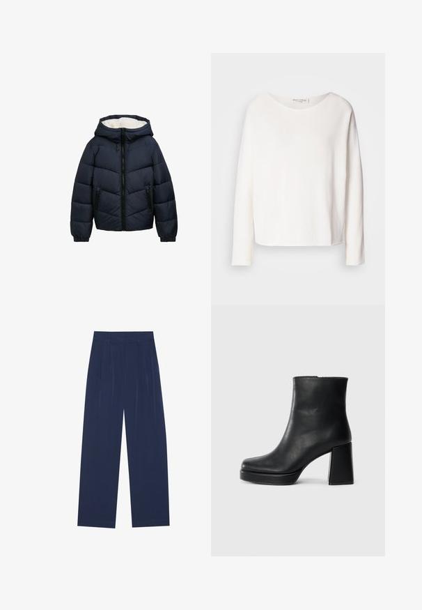 Tmavě modrá zateplená bunda s kapucí, se zipem v přední části, texturovanou tkaninou a elastickými manžetami. Obsahuje dvě boční kapsy na zip.; Dlouhý rukáv, kulatý výstřih, top z jemné, lehké bílé látky s volným střihem. Obsahuje čistý lem a žádné viditelné kovové prvky.; Námořnické modré široké kalhoty vyrobené z jemné látky, s předními záhyby, hladkou texturou a rovný střih bez viditelných kapes.; Černý kožený kotníkový bot s blokovým podpatkem a platformou, viděný z boku na jednoduchém bílém pozadí.