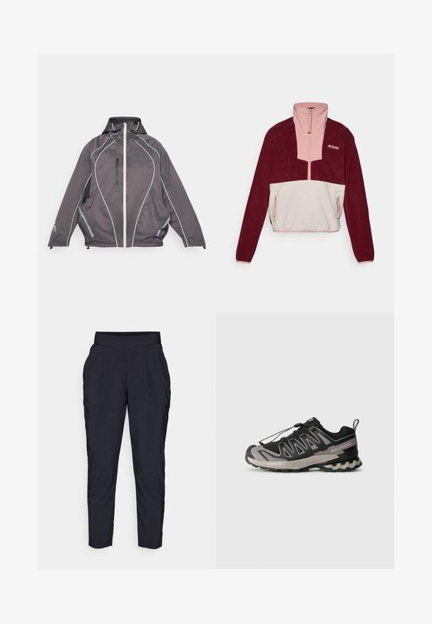Casaco com capuz cinza-escuro, com fecho frontal branco, bolso de peito com fecho vertical, piping reflexivo curvado e dois bolsos laterais, disposto plano.; Casaco de polar vermelho e rosa com colarinho alto, fecho de meio zíper na frente, design de painel contrastante e dois bolsos laterais com zíper.; Calças pretas ajustadas com uma cintura larga em tecido elástico, pregas frontais e bolsos laterais. Feitas de um tecido suave e leve.; Sapatilha desportiva em preto e cinza com parte superior em malha, sola em borracha e sistema de atacadores elásticos. Apresenta uma biqueira reforçada e detalhes texturizados.