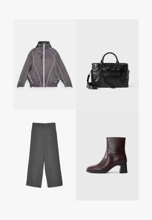Veste à capuche gris foncé avec fermeture éclair blanche à l'avant, poche poitrine à zip vertical, piping réfléchissant incurvé et deux poches latérales, posée à plat.; Pull noir, court avec des manches longues et volumineuses. Il possède un col haut et une texture côtelée. Fabriqué en matériau tricoté doux.; Pantalons grey à jambe large en tissu texturé avec un motif subtil. Présente une taille avec passants de ceinture et une finition épurée.; Botte chelsea en cuir brun foncé avec un talon carré et un bout rond, présentée sur un fond gris clair uni.; Sac à main en cuir noir avec deux courtes poignées et une bandoulière amovible. Comprend une poche zippée à l'avant et des accents métalliques. Surface texturée.