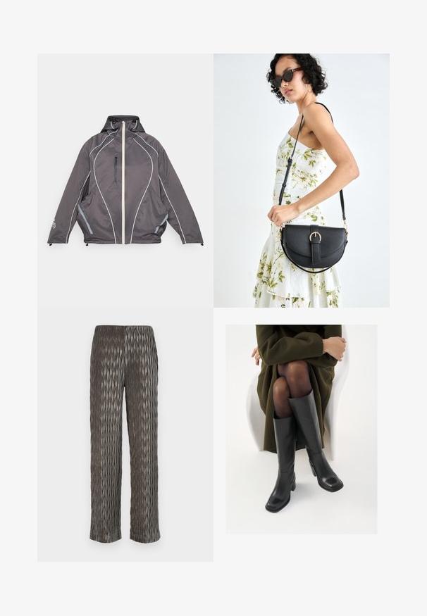 Veste à capuche gris foncé avec fermeture éclair blanche à l'avant, poche poitrine à zip vertical, piping réfléchissant incurvé et deux poches latérales, posée à plat.; Débardeurs noirs avec de fines bretelles, en tissu lisse et extensible, présentant une silhouette ajustée. Pack de deux.; Pantalons larges plissés gris avec un motif texturé en forme de diamant. Matière douce, taille élastique et longueur cropped.; Bottes en cuir noires arrivant au genou, avec un bout carré et un talon carré, présentées sur un modèle assis dans un manteau vert olive. Texture lisse, détails minimaux.; Sac à main en cuir noir avec une forme courbée, bandoulière amovible et des accessoires en or. Le sac est doté d'un rabat avec un détail de boucle.