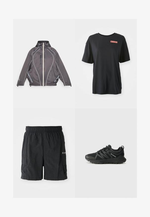 Ciemnoszara kurtka z kapturem z białym suwakem z przodu, pionową kieszenią na suwak na klatce piersiowej, zakrzywionym odblaskowym wykończeniem oraz dwiema kieszeniami bocznymi, leżąca płasko.; Czarna bawełniana koszulka z krótkim rękawem, luźny krój oraz czerwony prostokątny logo po lewej stronie klatki piersiowej. Gładka tekstura i prosty design.; Czarne szorty cargo wykonane z lekkiego materiału, z elastycznym pasem, bocznymi kieszeniami oraz logo na dolnej prawej stronie.; Columbia PEAKFREAK czarny