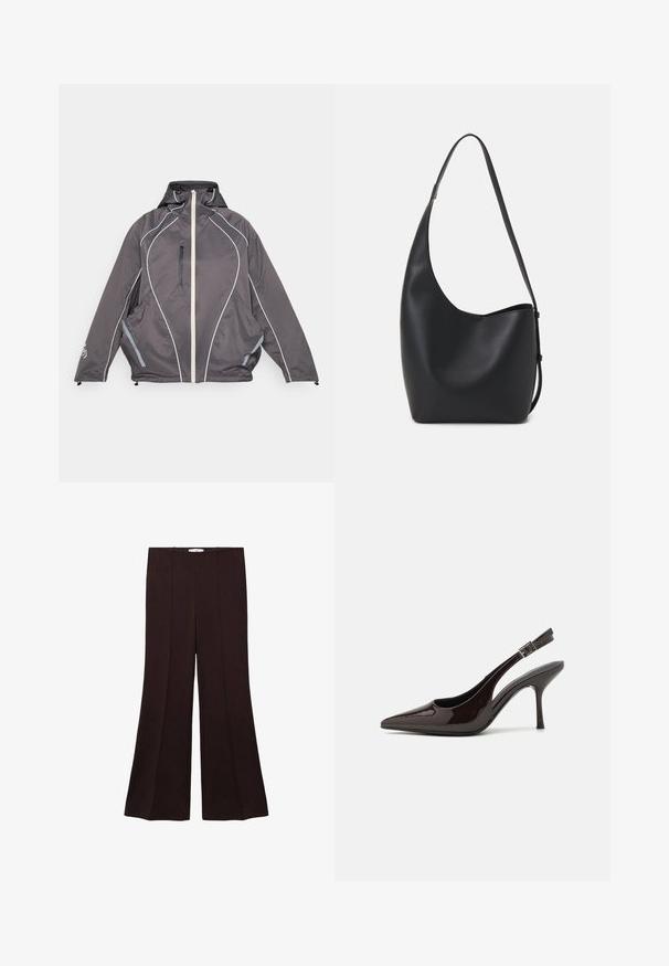 Giacca a vento grigio scuro con cappuccio, zip frontale bianca, tasca sul petto con zip verticale, piping riflettente curvo e due tasche laterali, appoggiata su una superficie piatta.; T-shirt corto marrone scuro in cotone. Presenta un collo tondo e una vestibilità comoda, senza motivi o accenti visibili.; Pantaloni larghi a vita alta di colore marrone scuro, con dettagli sulle cuciture frontali, posizionati piatti su uno sfondo bianco.; Scarpa con tacco alto tipo slingback in pelle verniciata marrone scuro lucido, punta affusolata, lati aperti e cinturino alla caviglia regolabile.; Borsa hobo nera in pelle con una superficie liscia, forma curvata e una singola tracolla regolabile; presenta un'ampia apertura nella parte superiore.