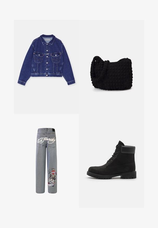 Jeansjacka, mörkblå, kort design, knäppning fram, två bröstfickor med ficklock, kontrasterande sömmar, långa ärmar med knäppte manschetter.; Grå hoodie i mjukt bomullsmaterial, med en stor framficka, justerbara snören och ribbade muddar och nederkant.; Ljusblå denim byxor med vida ben som har "Ed Hardy" broderat i vitt och en färgglad grafisk design av ett skalle med vingar.; Svart snörkänga med vadderad krage och slitstark sula, visad i profil mot en vit bakgrund.; Svart tygväska med en strukturerad, vadderad yta. Rund form, korta, tjocka handtag och en mjuk, flexibel struktur.
