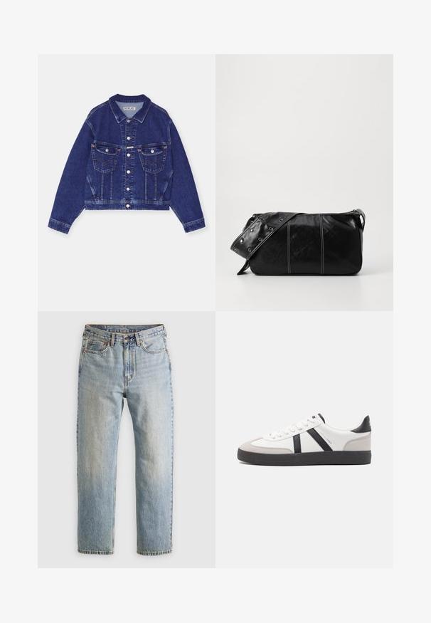 Farkkutakki, tummansininen, lyhennetty malli, napit edessä, kaksi sisätaskua läpällä, kontrastivärinen ompelu, pitkät hihat nappikiinnityksellä.; Beige, neulepaita, jossa on korkea, ribattu poolokaulus. Sen pinnassa on teksturoitu nuppineulesuunnittelu ja ribatut hihansuut sekä helma, mikä luo kotoisan ilmeen.; Vaaleansininen farkut, joissa on korkea vyötärö, etunappi, vetoketju ja viisi taskua, asetettu tasaisesti neutraalille taustalle.; Valkoiset lenkkarit mustilla ja harmailla yksityiskohdilla, joissa on teksturoitu harmaa kärki, musta kumipohja ja litteät valkoiset nauhat. Siisti muotoilu, minimalistinen tyyli.; Mustakulmainen nahkainen olkalaukku, jossa on vetoketjukiinnitys, teksturoitu pinta, valkoiset ompeleet ja hihna, jossa on hopeiset niitit.