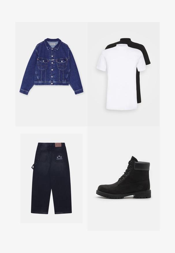 Chaqueta de mezclilla, azul oscuro, diseño corto, con botones en la parte frontal, dos bolsillos en el pecho con solapas, costuras en contraste, mangas largas con puños abotonados.; Dos camisetas de manga corta, una blanca y otra negra, con un diseño de cuello alto, hechas de suave material de algodón.; Pantalones de mezclilla oscura con un ajuste holgado. Presenta dos bolsillos traseros, un parche de cuero con el logo y un diseño de cinco estrellas en uno de los bolsillos.; Botín negro con cordones hasta el tobillo, con cuello acolchado y suela resistente, mostrado de perfil sobre un fondo blanco.