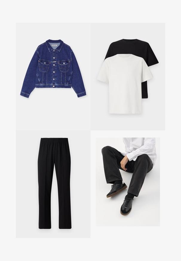 Džínová bunda, tmavě modrá, zkrácený střih, zapínání na knoflíky, dvě náprsní kapsy s klopami, kontrastní prošívání, dlouhé rukávy s knoflíkovými manžetami.; Sada bavlněných triček, která obsahuje černé a bílé tričko, obě s krátkým rukávem, kulatým výstřihem a standardním střihem. Texturovaná látka.; Černé kalhoty s elastickým pasem a rovnými nohavicemi, s hladkým povrchem a bez viditelných vzorů nebo kovových doplňků.; Černé tenisky se hladkým a texturovaným svrškem, s kaučukovou podešví a tmavými šňůrkami. Skombinované s černými džínami a bílou proužkovanou košilí.