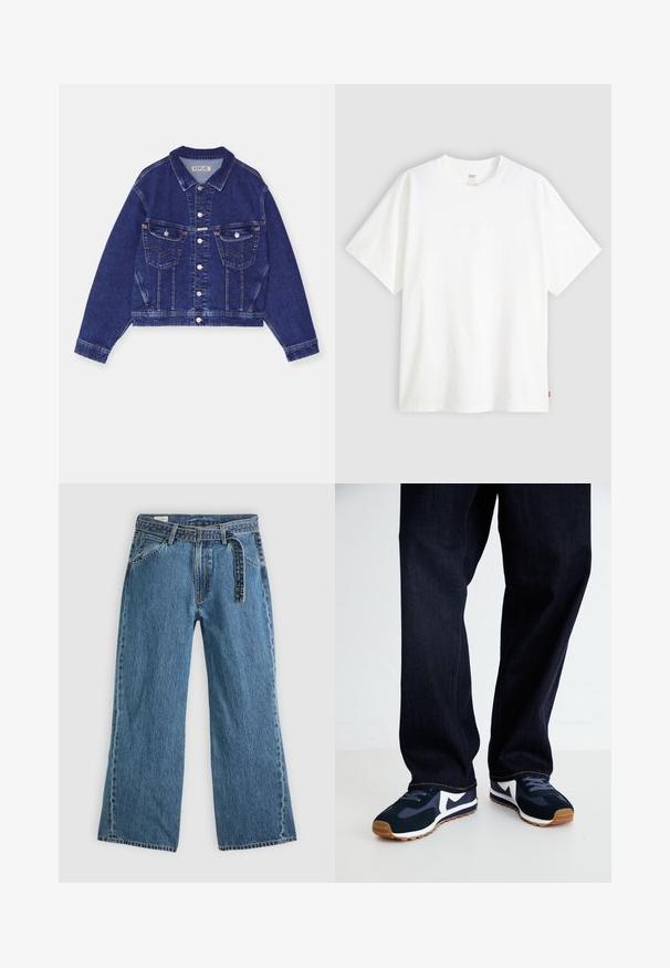 Jaqueta de ganga, azul escuro, design curto, frente com botões, dois bolsos no peito com aba, costura em contraste, mangas longas com punhos abotoados.; T-shirt branca de manga curta, feita de algodão, com decote redondo. Apresenta um discreto detalhe de logotipo em relevo na frente e uma etiqueta vermelha na bainha.; Jeans de ganga azuis de perna larga com cinto preso, bolsos frontais e costura visível sobre um fundo claro.; Tênis atléticos em azul marinho e branco com um upper texturizado, cadarços e sola de borracha, combinados com calças de ganga escuras com costuras laranja.